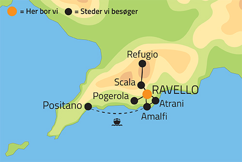 Kort over vandrerejsen p Amalfkysten